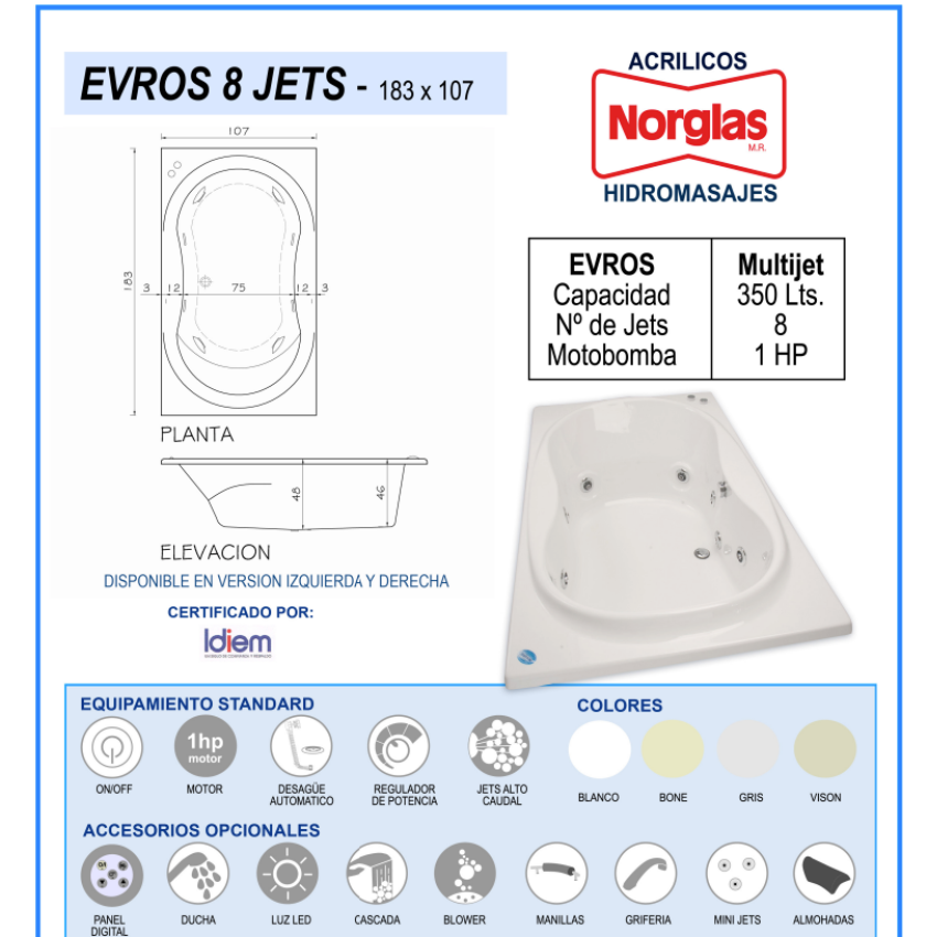 TINA HIDROMASAJE EVROS 8JETS 183CM X 107CM x 48CM MOTOBOMBA DE 1 HP - 350 LITROS - PARA DOS PERSONAS