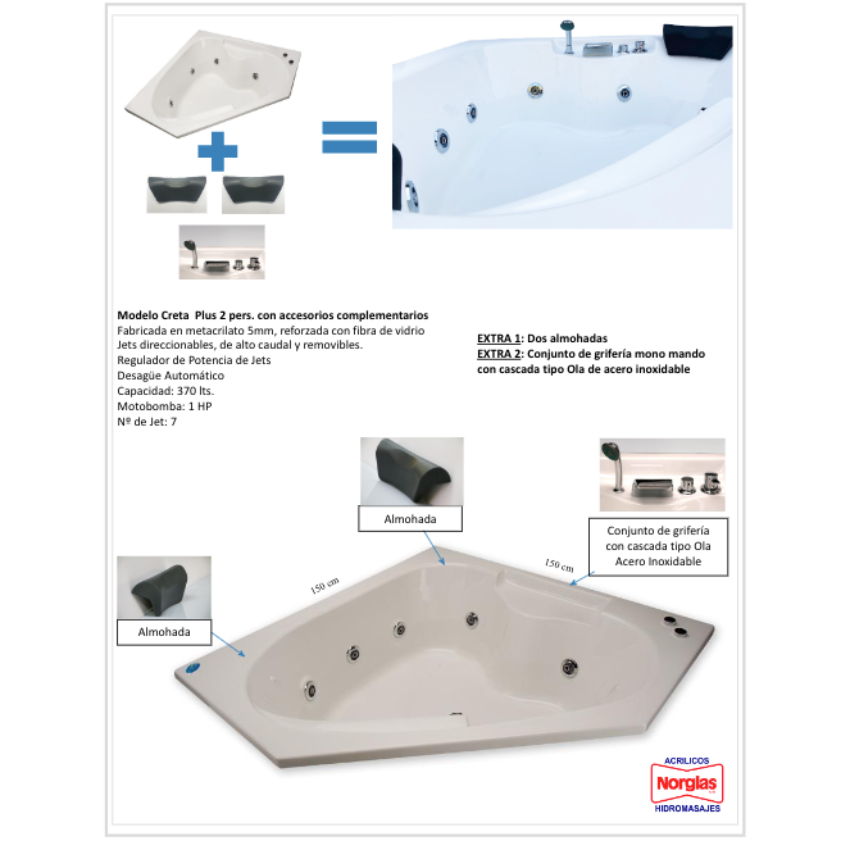 TINA HIDROMASAJE CRETA PLUS 7 JETS DE 150CM X 150CM X 45CM MOTOBOMBA 1 HP - 370 LITROS - PARA DOS PERSONAS-  INCLUYE GRIFERÍA CON CASCADA, MONOMANDO, DUCHA TELÉFONO Y  DOS ALMOHADAS