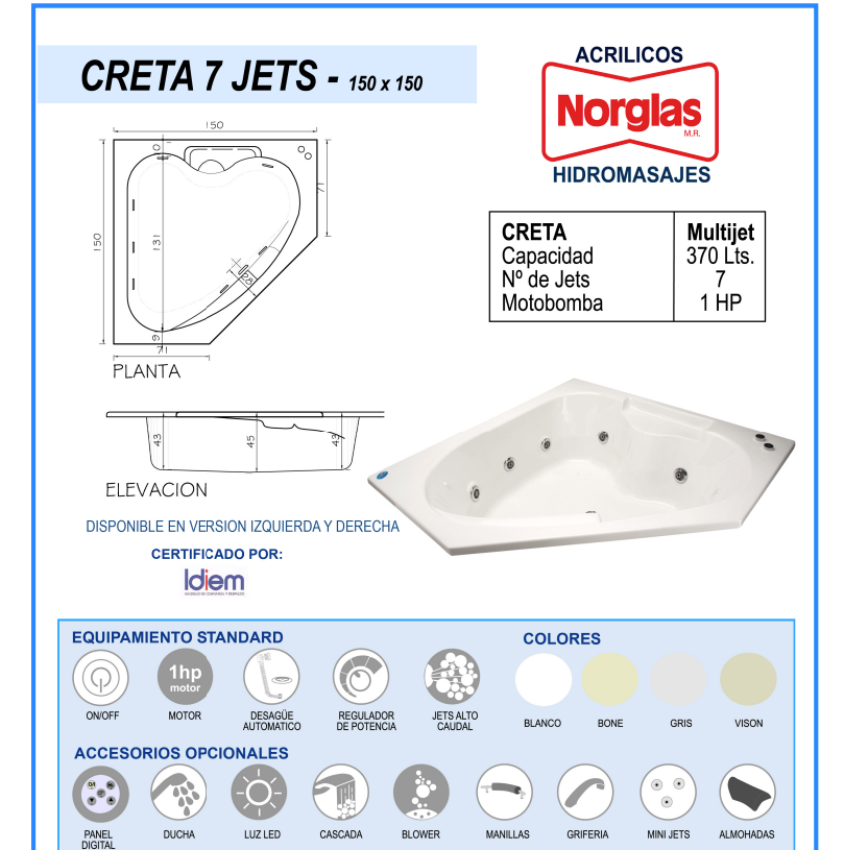 TINA HIDROMASAJE CRETA 7 JETS DE 150CM X 150CM X 45CM MOTOBOMBA 1 HP - 370 LITROS - PARA DOS PERSONAS