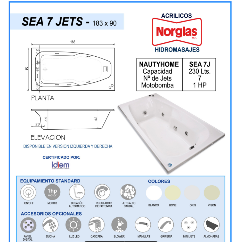 TINA HIDROMASAJE SEA 7JETS 183CM X 90CM X 44CM MOTOBOMBA 1 HP - 230 LITROS