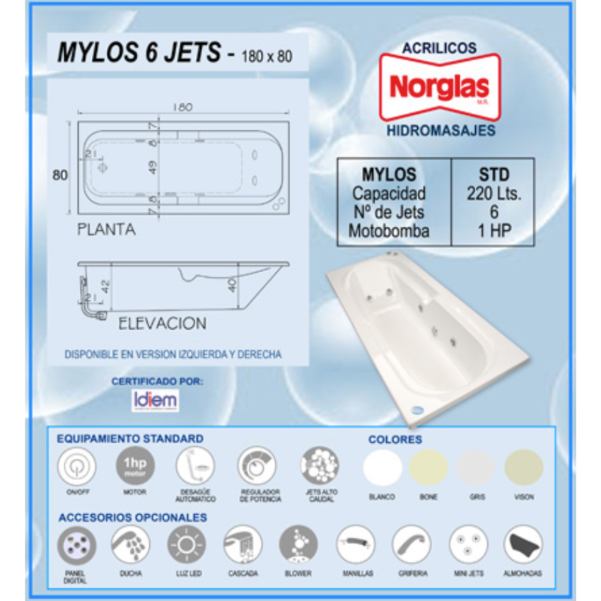 TINA HIDROMASAJES MYLOS 6JETS 180CM X 80CM x 42CM MOTOBOMBA 1HP - 220 LITROS- CON PATAS