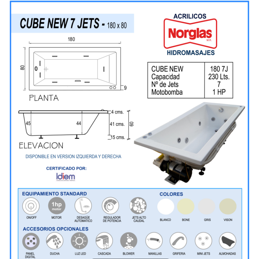 TINA HIDROMASAJES CUBE 7JETS DE 180CM X 80CM x 45CM MOTOBOMBA 1 HP - 220 LITROS  - CON PATAS