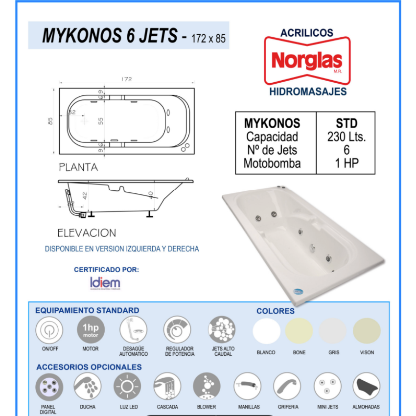 TINA HIDROMASAJES MYKONOS 6JETS DE 172CM X 84CM X 42CM MOTOBOMBA 1 HP - 370 LITROS - CON PATAS