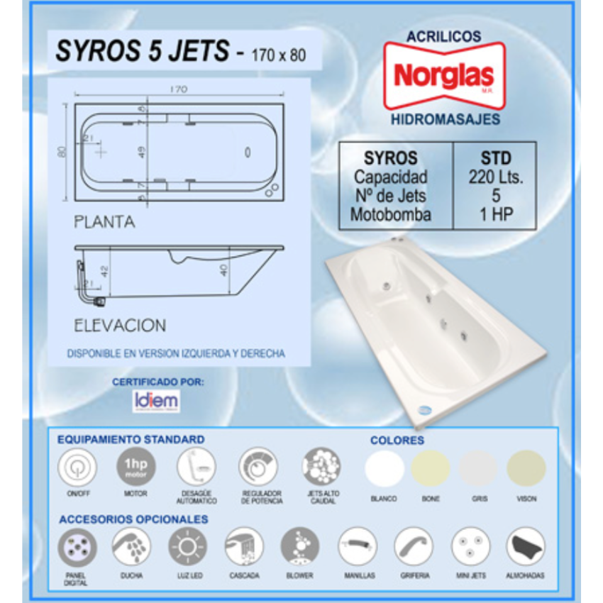 TINA HIDROMASAJES SYROS 5JETS DE 170CM X 80CM X 42CM MOTOBOMBA 1 HP - 220 LITROS - CON PATAS