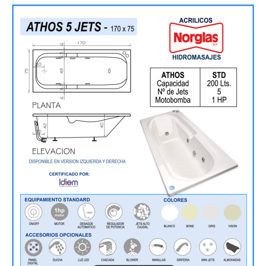 TINA HIDROMASAJES ATHOS 5JETS 170CM X 75CM x 42 CM MOTOBOMBA 1 HP -200 LITROS - CON PATAS