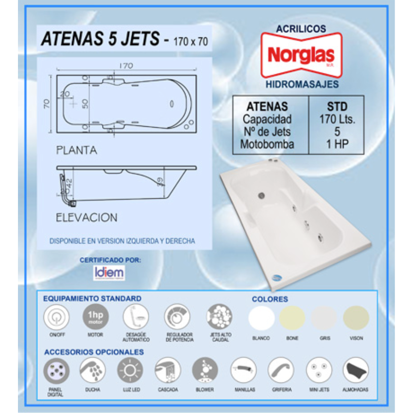 TINA DE HIDROMASAJES ATENAS 5JETS 170CM X 70CM x 42CM MOTOBOMBA 1HP - 150 LITROS - CON PATAS