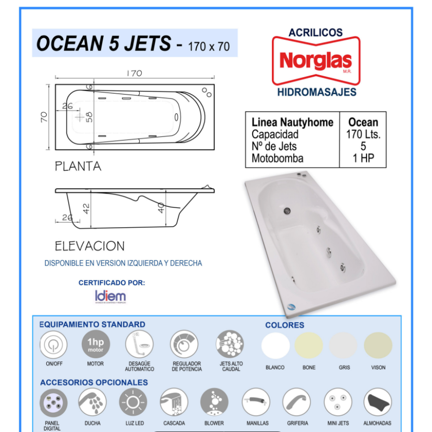 TINA DE HIDROMASAJE OCEAN 5JETS 170CM X 70CM X 42CM MOTOBOMBA 1 HP - 170 LITROS