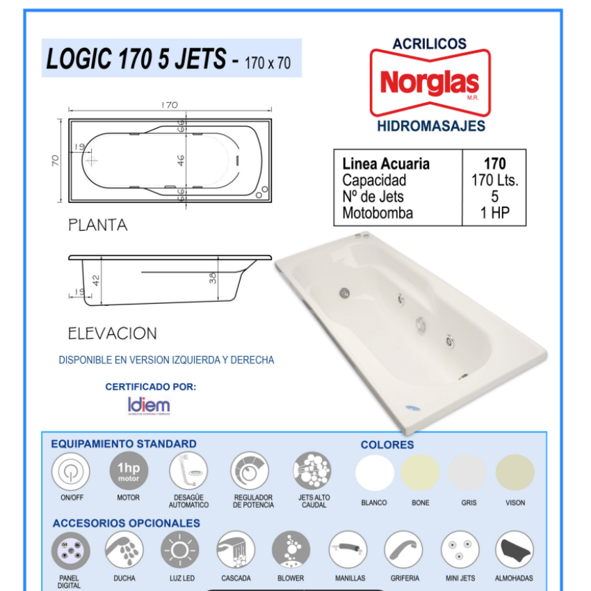 TINA HIDROMASAJES LOGIC 5 JETS DE 170CM X 70CM X 42CM MOTOBOMBA 1 HP - 170 LITROS