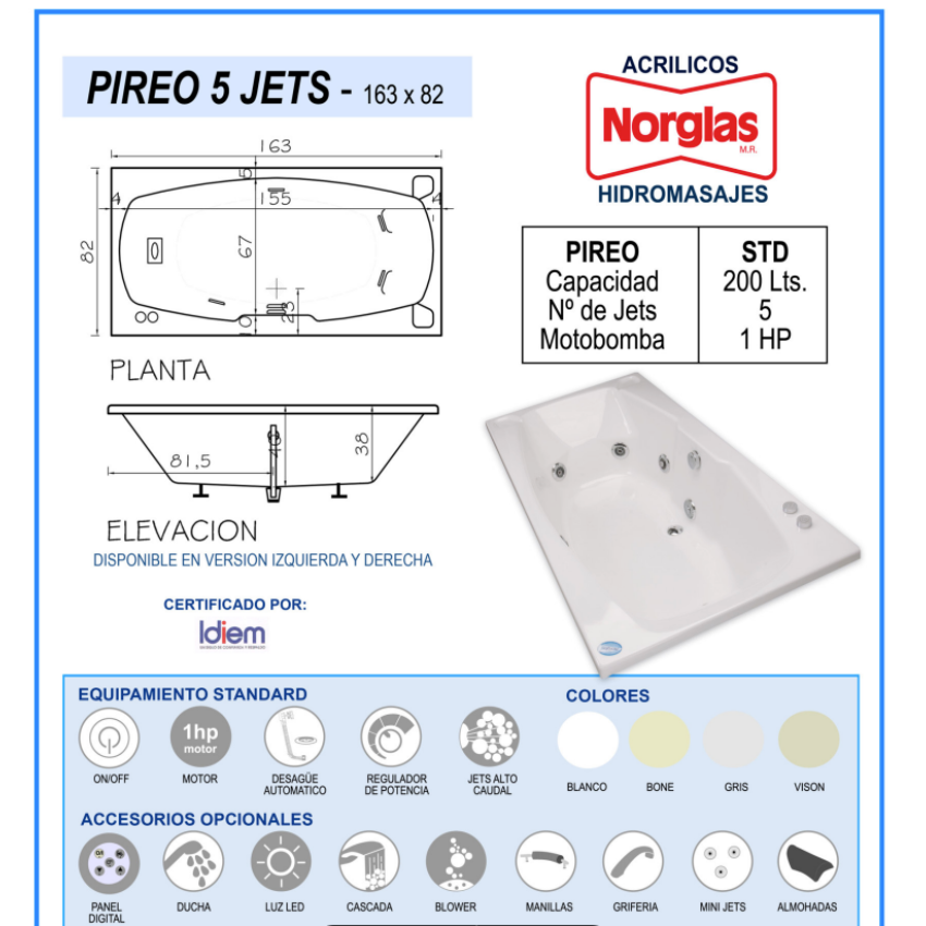 TINA HIDROMASAJES PIREO 5JETS DE 163CM X 82CM X 40CM MOTOBOMBA 1 HP - 175 LITROS - CON PATAS