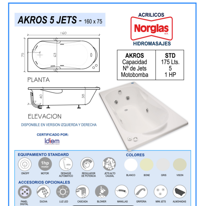 TINA DE HIDROMASAJES AKROS 5JETS DE 160CM X 75CM X 40CM MOTOBOMBA 1 HP - 175 LITROS - CON PATAS