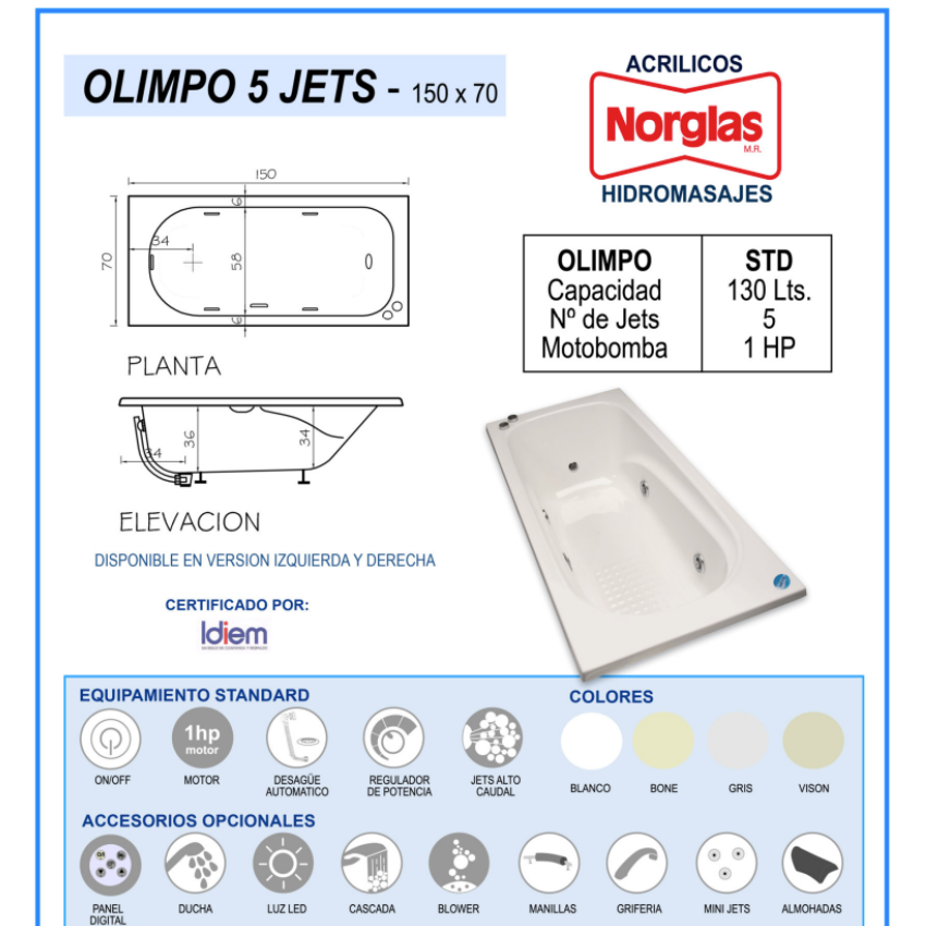 TINA DE HIDROMADAJES OLIMPO 5JETS DE 150CM X 70CM X 36CM MOTOBOMBA 1 HP - 130 LITROS - CON PATAS