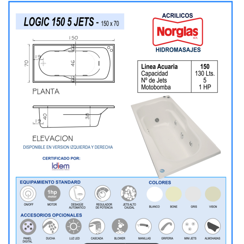 TINA DE HIDROMASAJE LOGIC 5 JETS DE 150 X 70CM X 40CM  MOTOBOMBA 1 HP - 130 LITROS